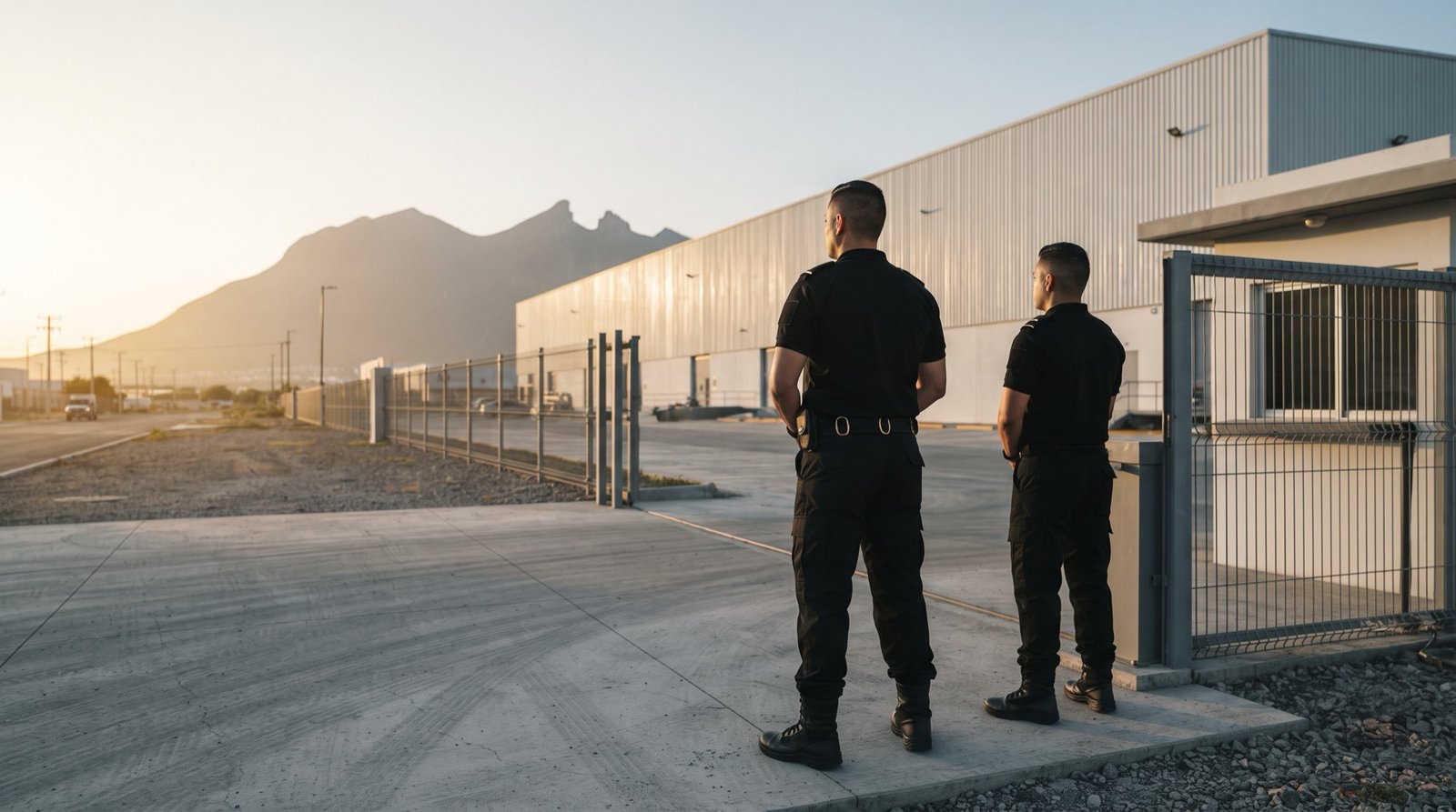 Guardias de Clean Alta en el acceso de una nave industrial en Monterrey al amanecer