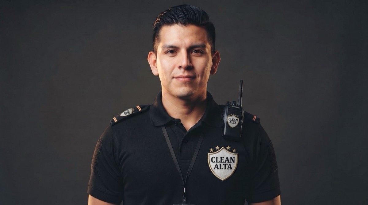 Guardia de Clean Alta con uniforme completo, radio y gafete