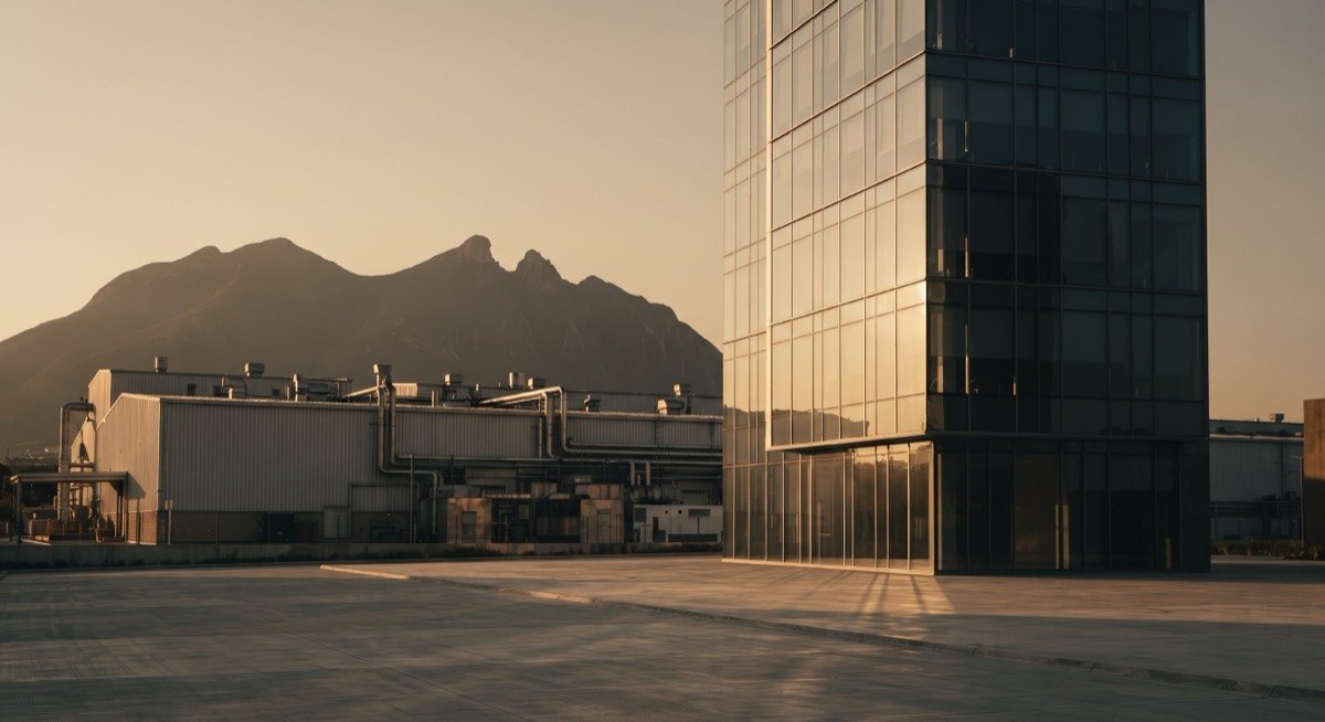 Torre corporativa y complejo industrial en Monterrey al atardecer